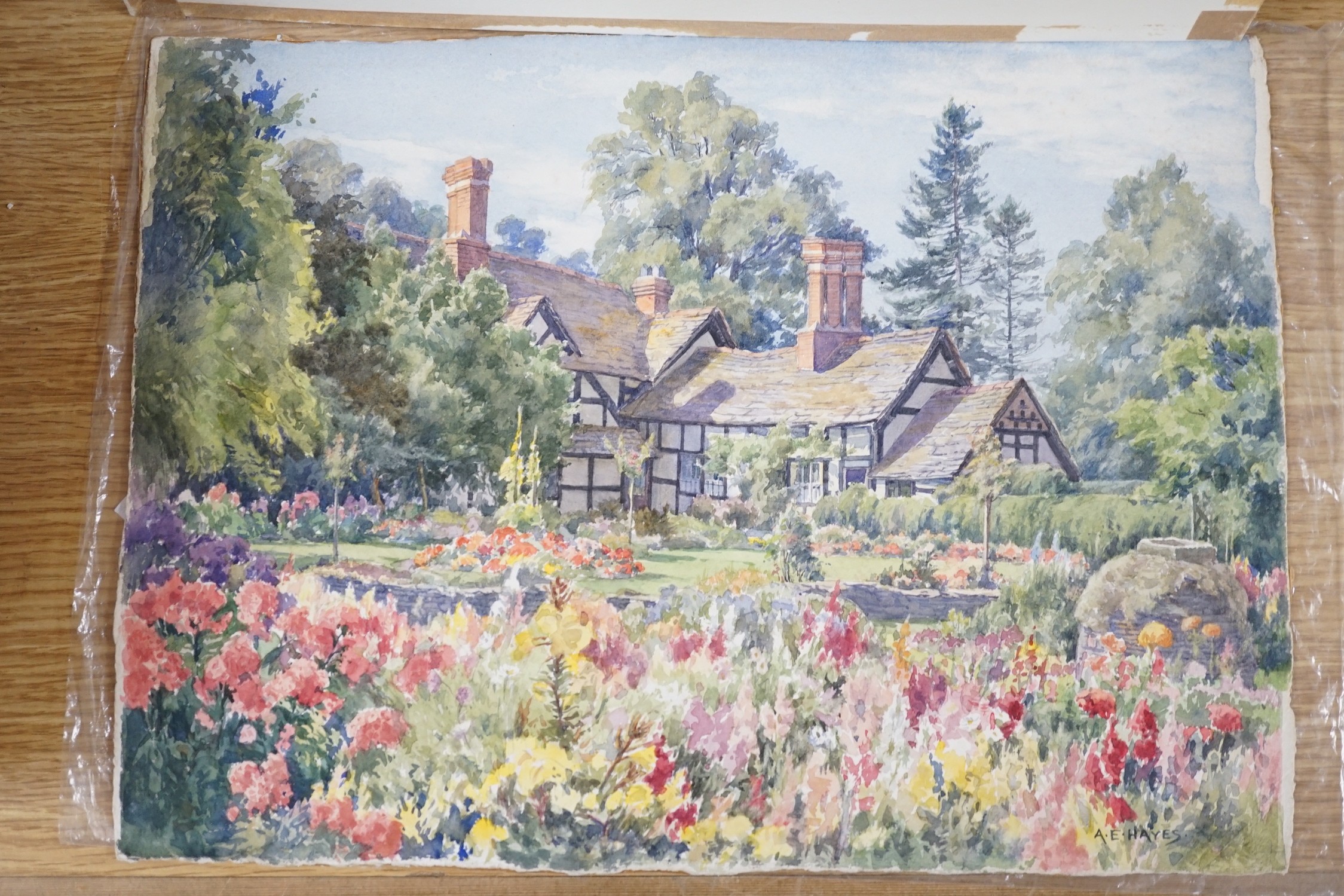 Albert Edward Hayes (1879-1968), three watercolours, original postcard designs of country cottages, signed, 28 x 40cm, unframed